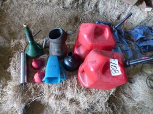 LOT 108 GAS CANS, FUNNELS, & SUCTION GUN 