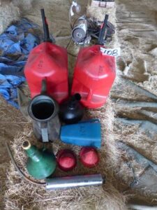 LOT 108 GAS CANS, FUNNELS, & SUCTION GUN 