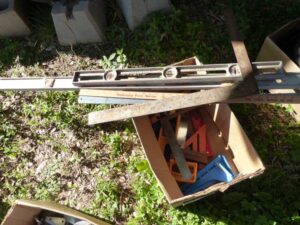 LOT 75 BOX OF SQUARES RULERS LEVELS 